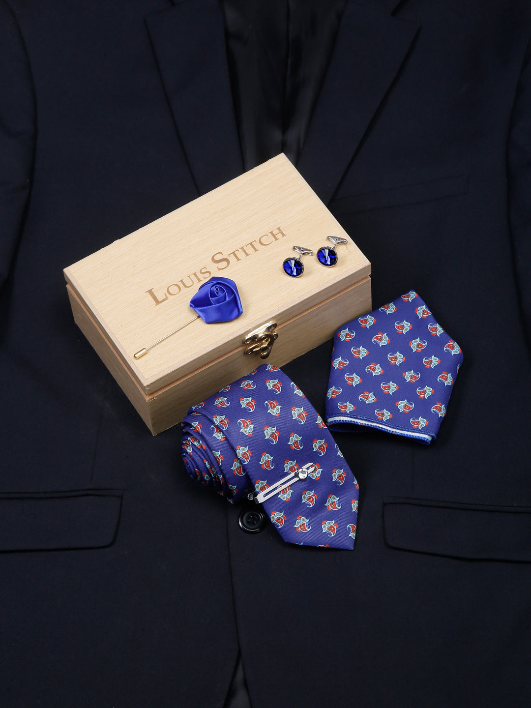 Royal Blue Luxury Italian Silk Necktie Set With Pocket Square Cufflinks Brooch Chrome Tie pin