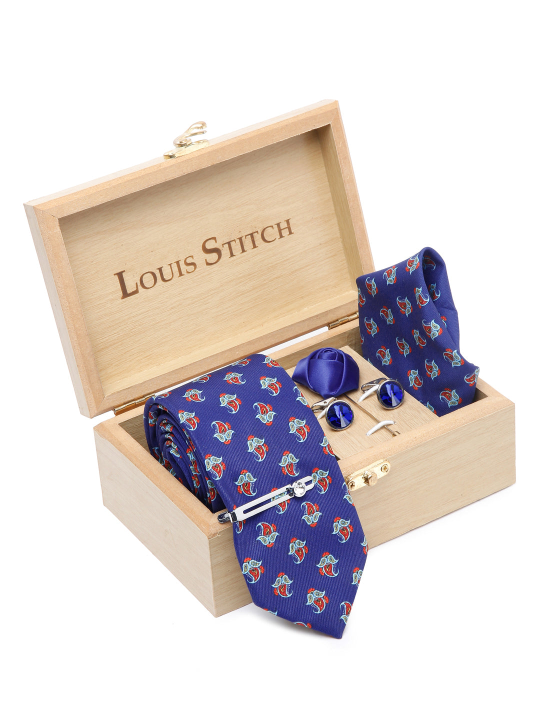 Royal Blue Luxury Italian Silk Necktie Set With Pocket Square Cufflinks Brooch Chrome Tie pin