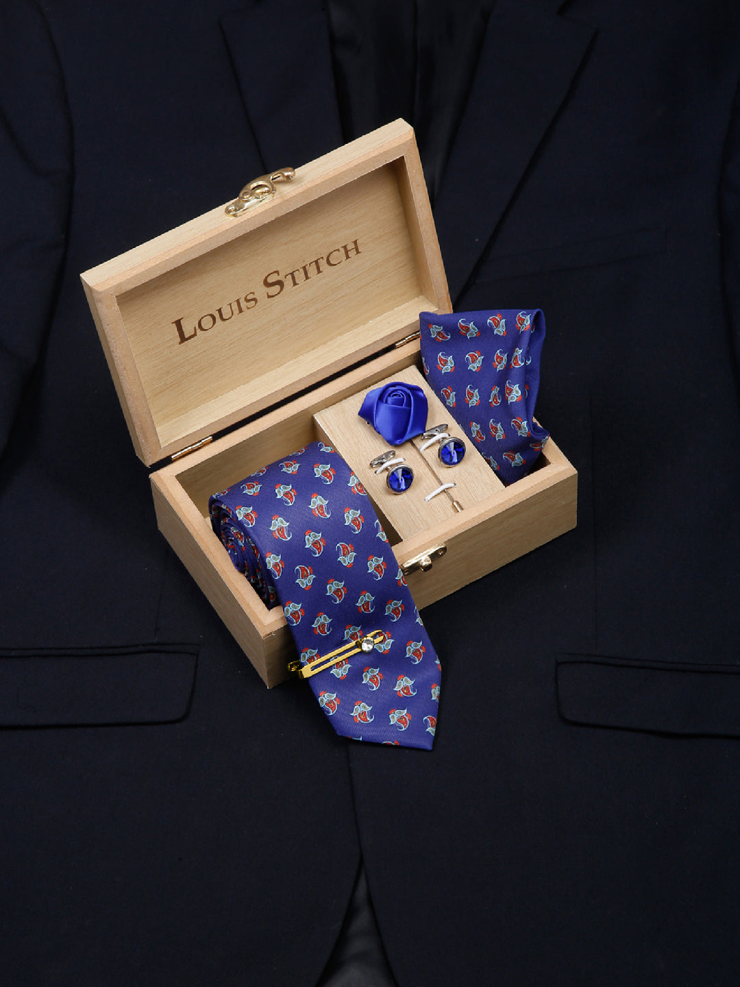 Royal Blue Luxury Italian Silk Necktie Set With Pocket Square Cufflinks Brooch Gold Tie pin