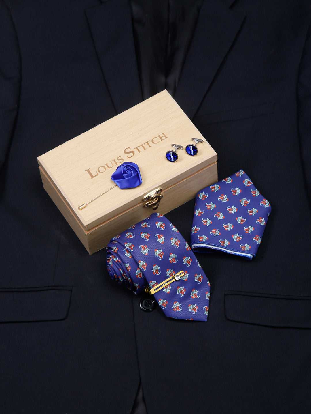 Royal Blue Luxury Italian Silk Necktie Set With Pocket Square Cufflinks Brooch Gold Tie pin