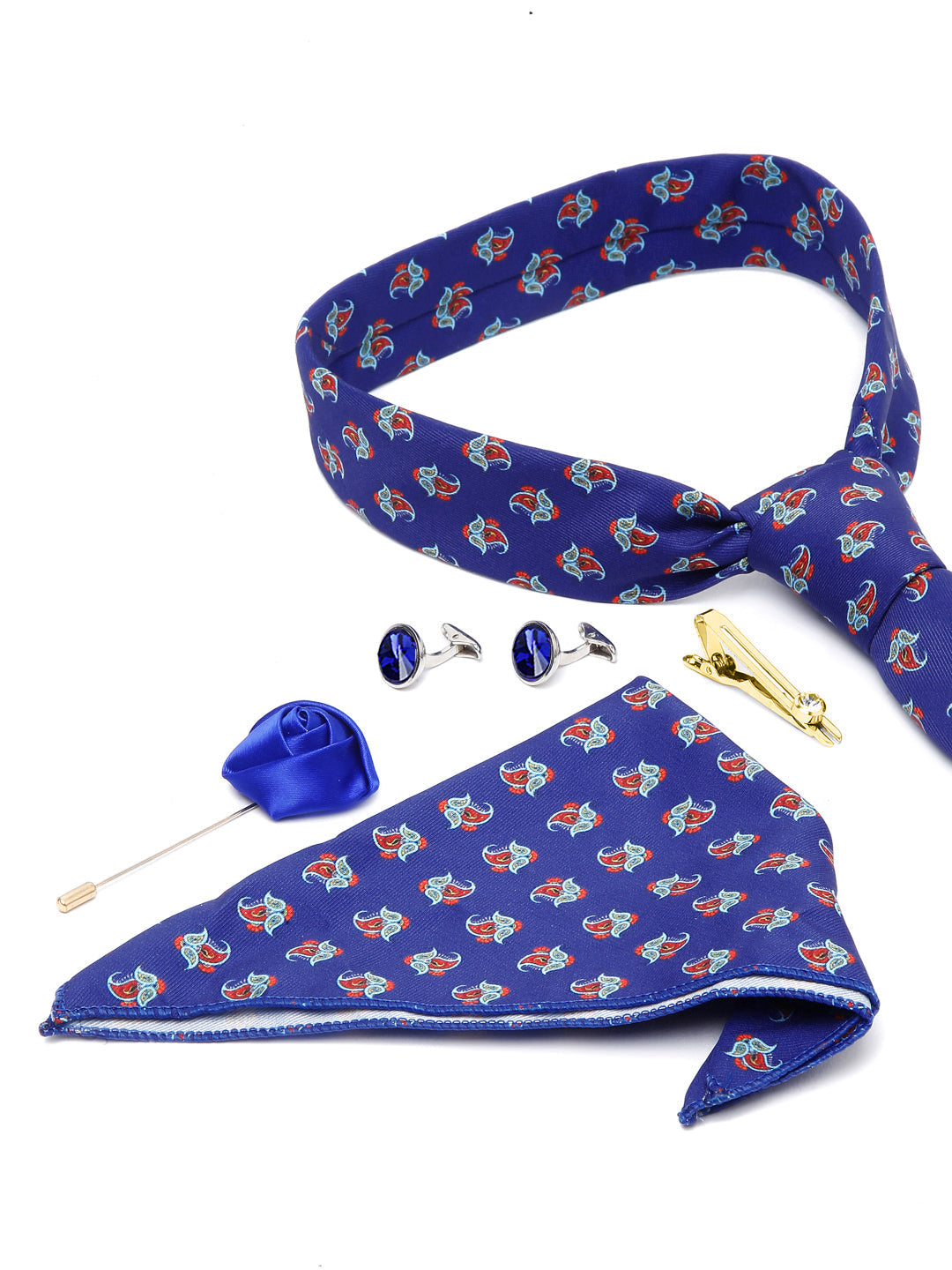 Royal Blue Luxury Italian Silk Necktie Set With Pocket Square Cufflinks Brooch Gold Tie pin
