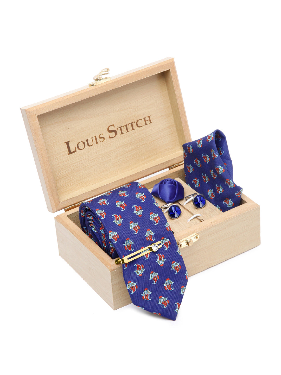 Royal Blue Luxury Italian Silk Necktie Set With Pocket Square Cufflinks Brooch Gold Tie pin