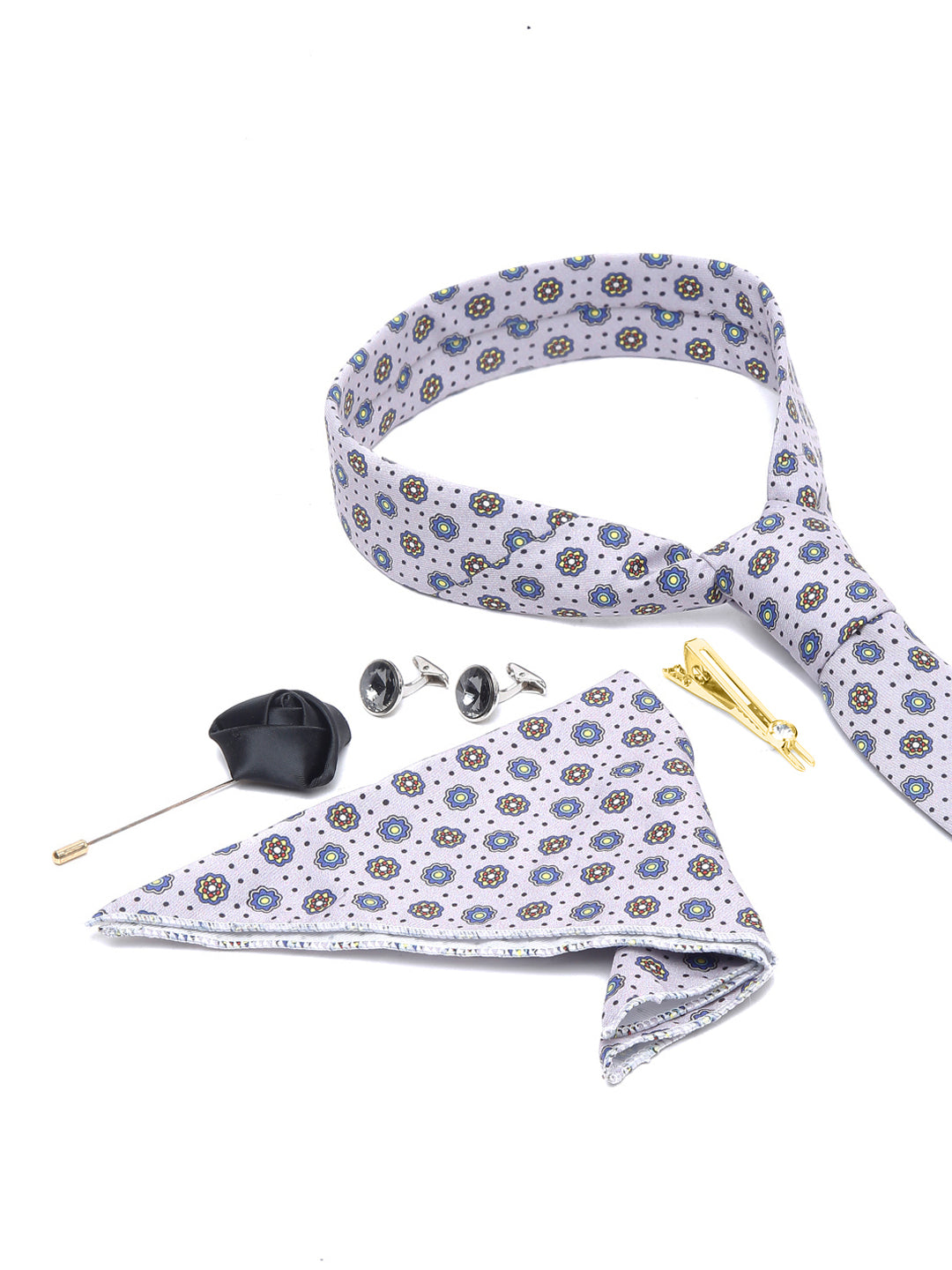 Lilac Gray Whisper Luxury Italian Silk Necktie Set With Pocket Square Cufflinks Brooch Gold Tie pin