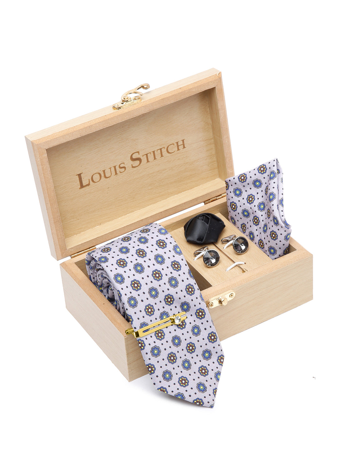 Lilac Gray Whisper Luxury Italian Silk Necktie Set With Pocket Square Cufflinks Brooch Gold Tie pin