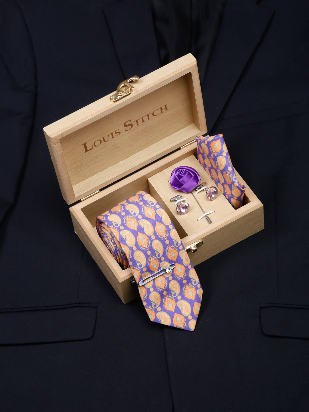 Amethyst Purple Luxury Italian Silk Necktie Set With Pocket Square Cufflinks Brooch Chrome Tie pin