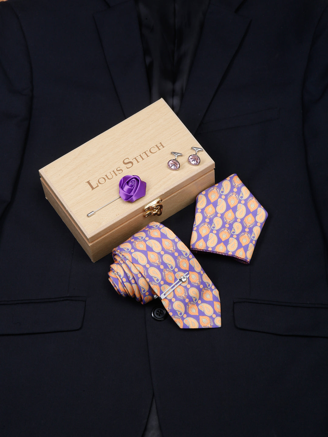 Amethyst Purple Luxury Italian Silk Necktie Set With Pocket Square Cufflinks Brooch Chrome Tie pin