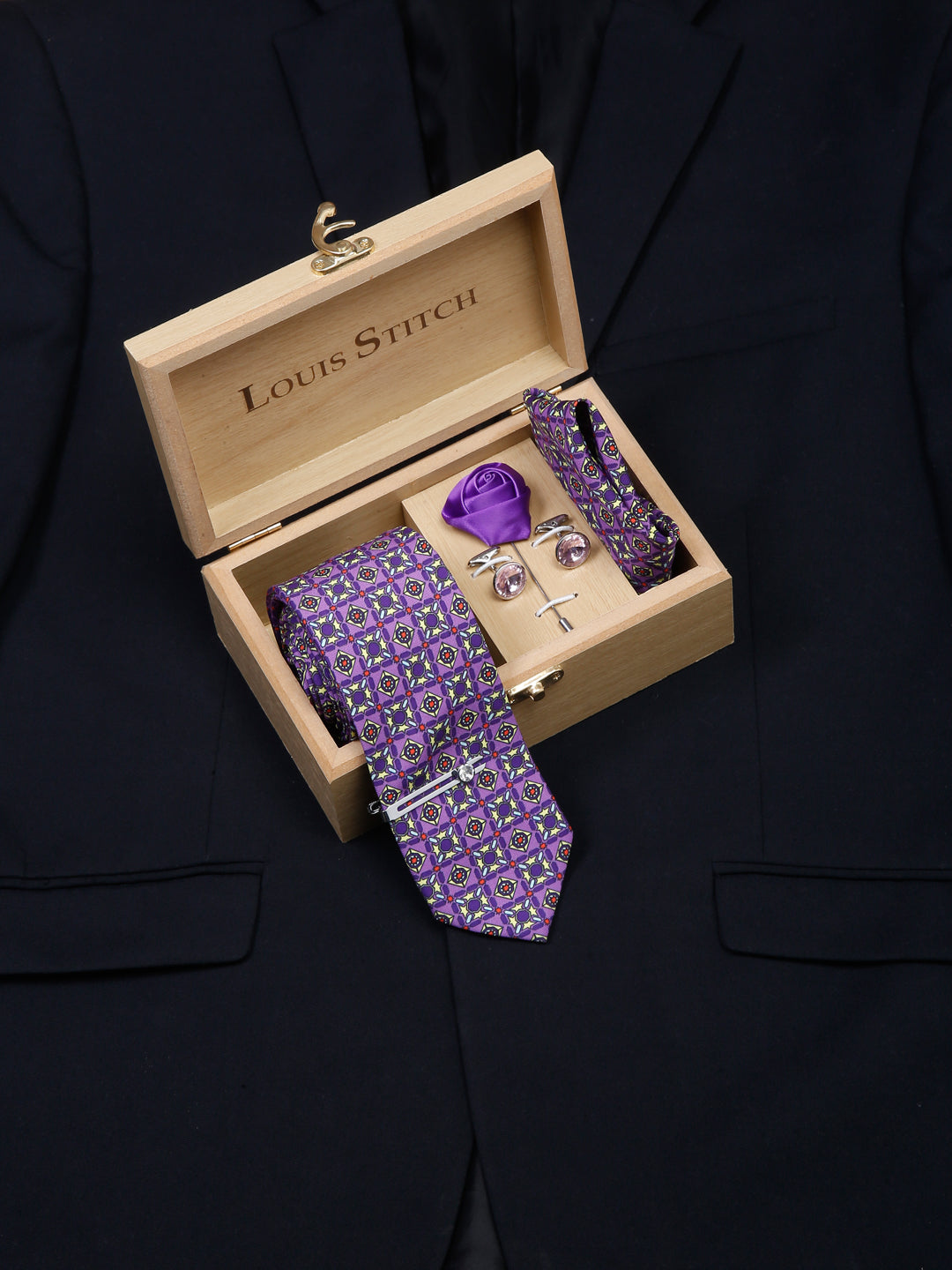 Heliotrope Purple Luxury Italian Silk Necktie Set With Pocket Square Cufflinks Brooch Chrome Tie pin
