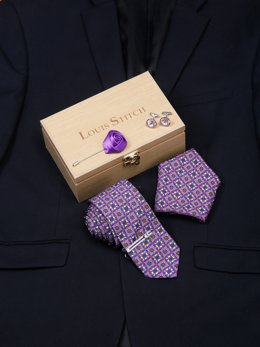 Heliotrope Purple Luxury Italian Silk Necktie Set With Pocket Square Cufflinks Brooch Chrome Tie pin