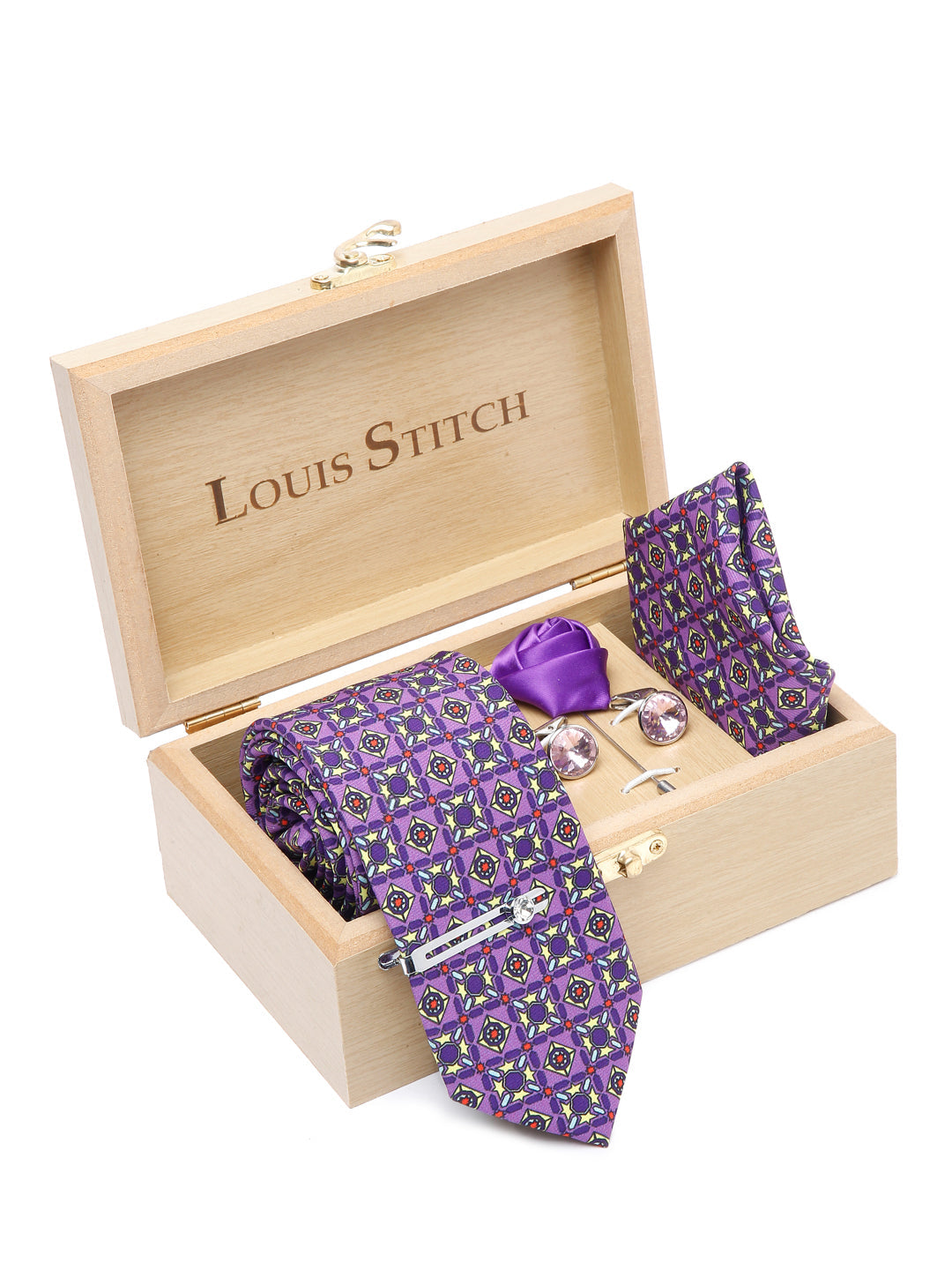 Heliotrope Purple Luxury Italian Silk Necktie Set With Pocket Square Cufflinks Brooch Chrome Tie pin