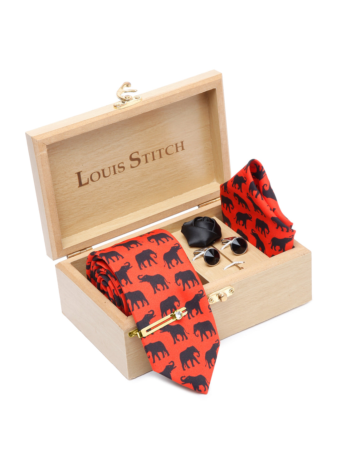 Blaze Orange Luxury Italian Silk Necktie Set With Pocket Square Cufflinks Brooch Gold Tie pin