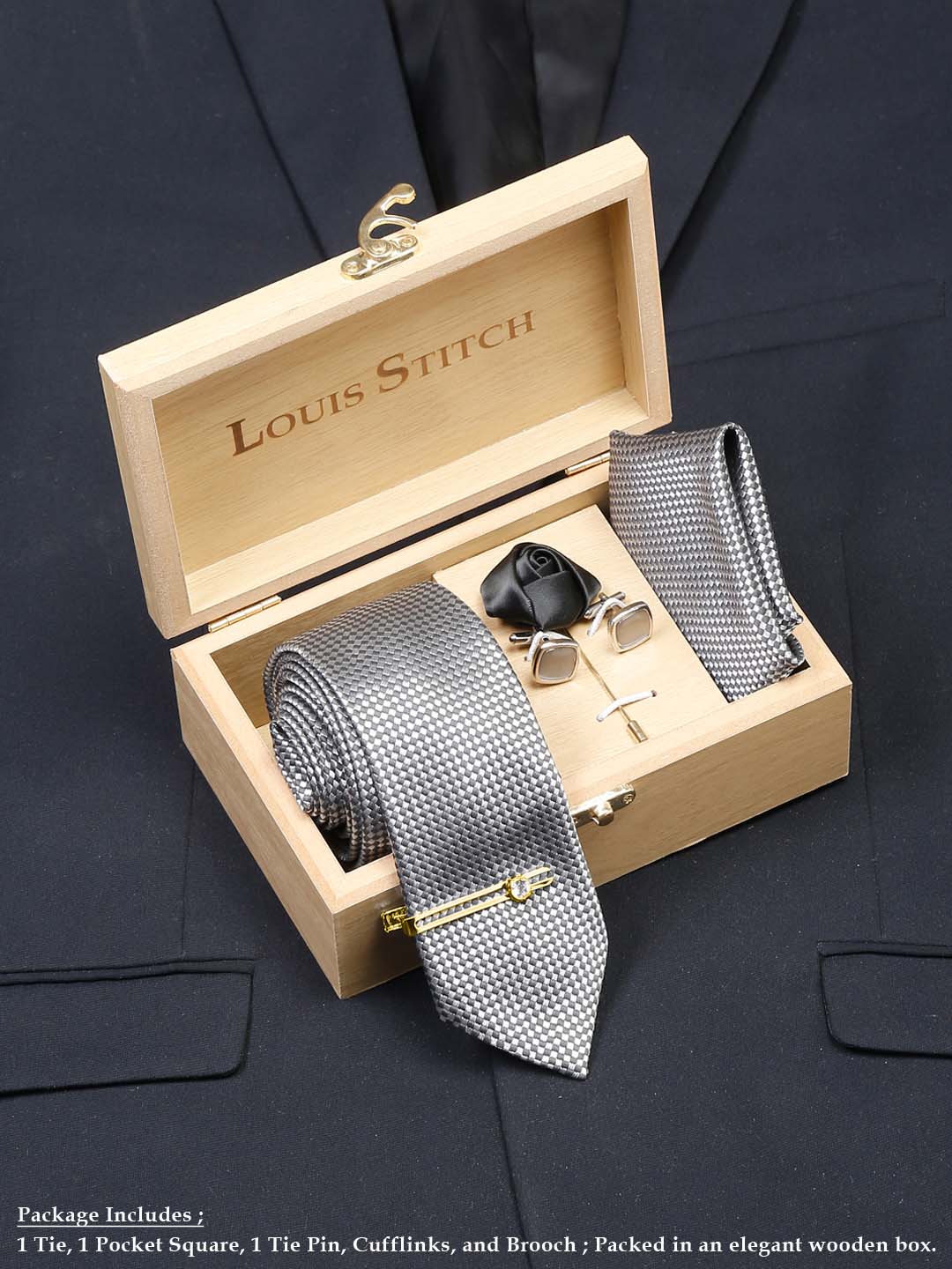 Checkered Black Luxury Italian Silk Necktie Set With Pocket Square Cufflinks Brooch Gold Tie pin