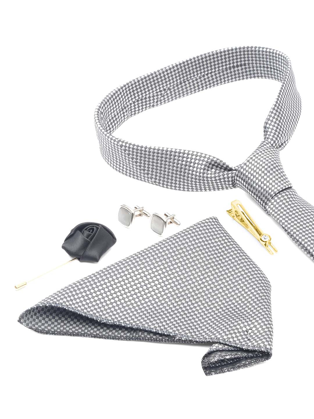Checkered Black Luxury Italian Silk Necktie Set With Pocket Square Cufflinks Brooch Gold Tie pin