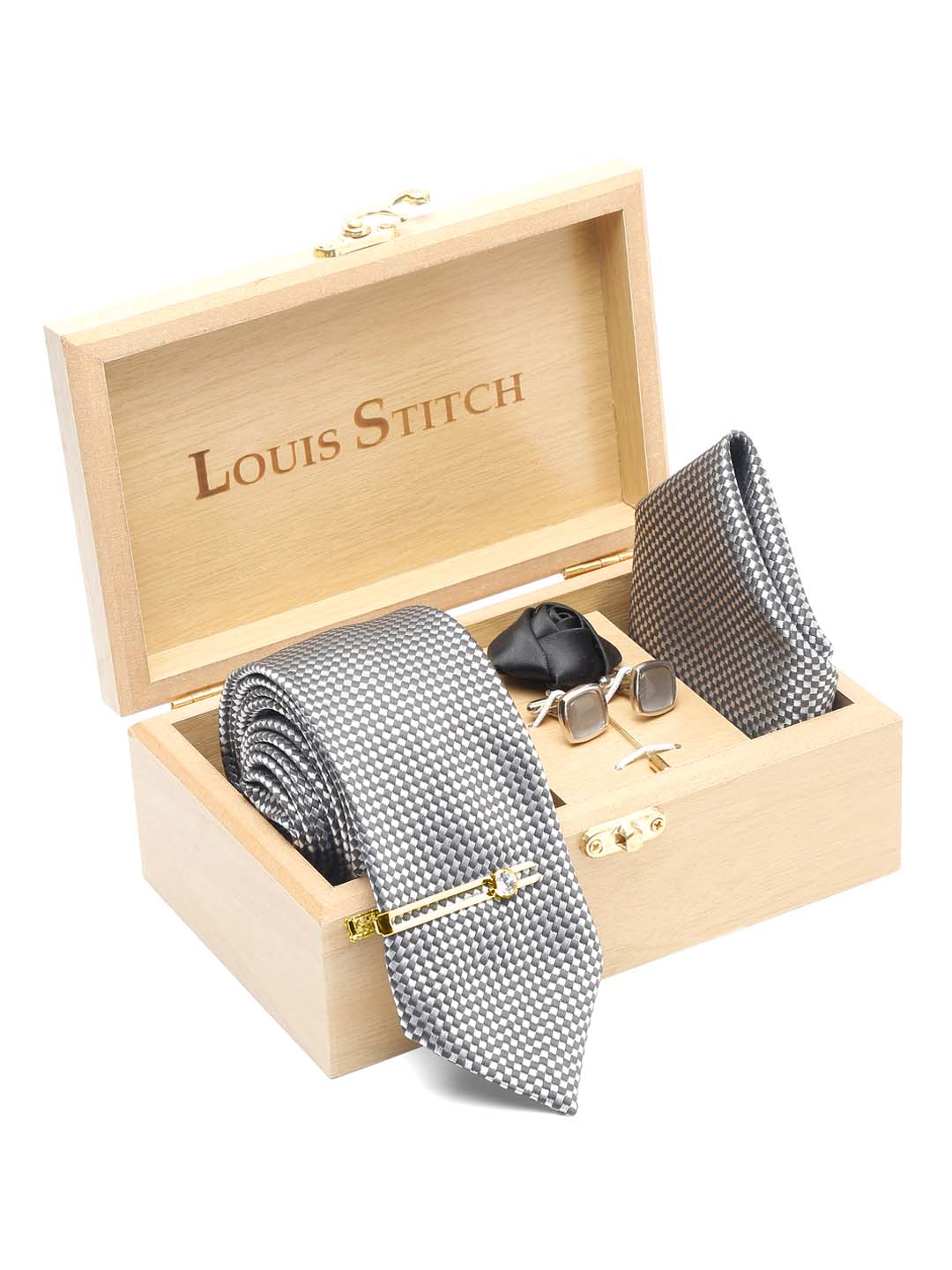 Checkered Black Luxury Italian Silk Necktie Set With Pocket Square Cufflinks Brooch Gold Tie pin