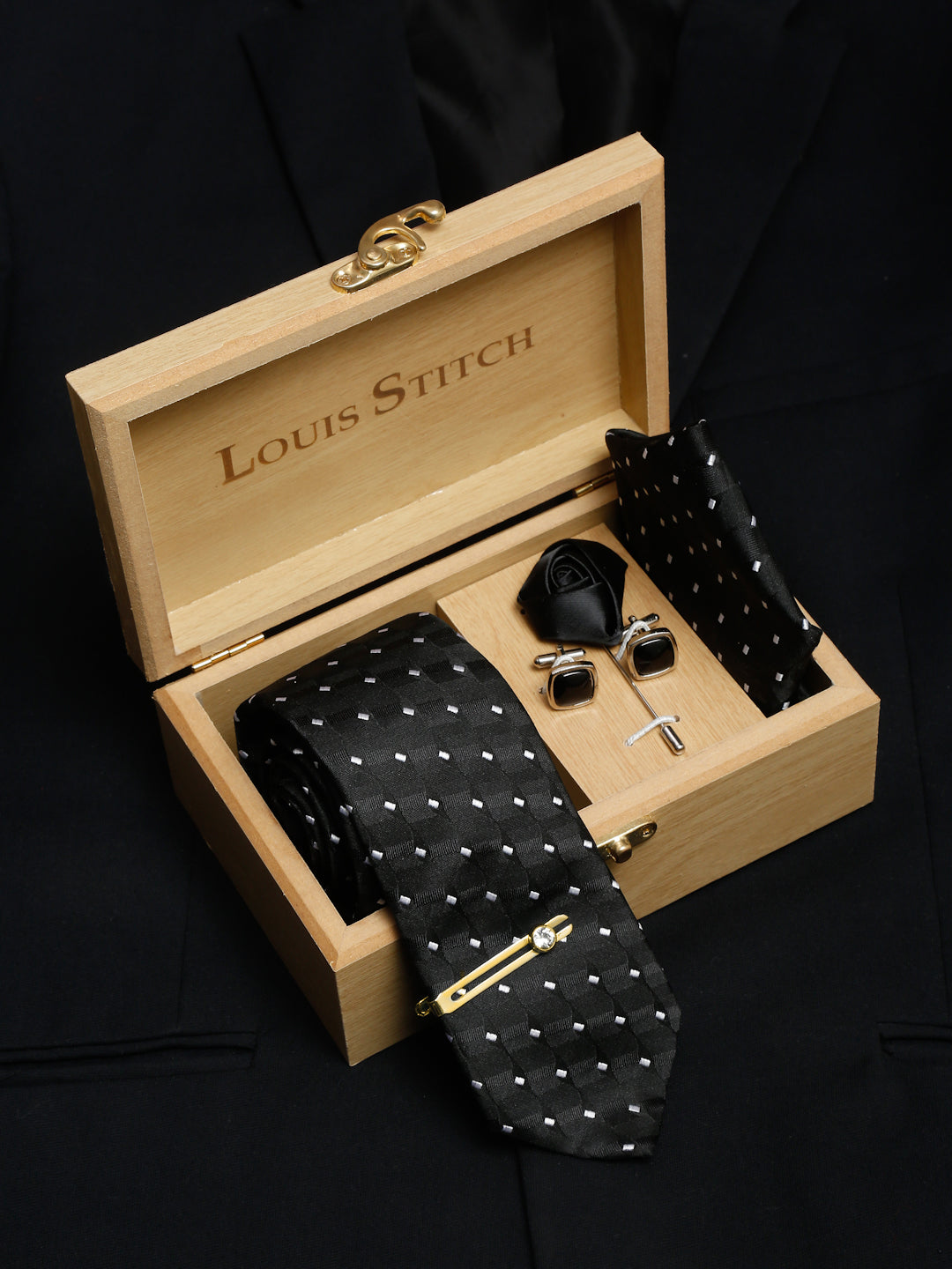 Raven Black Luxury Italian Silk Necktie Set With Pocket Square Cufflinks Brooch Gold Tie pin
