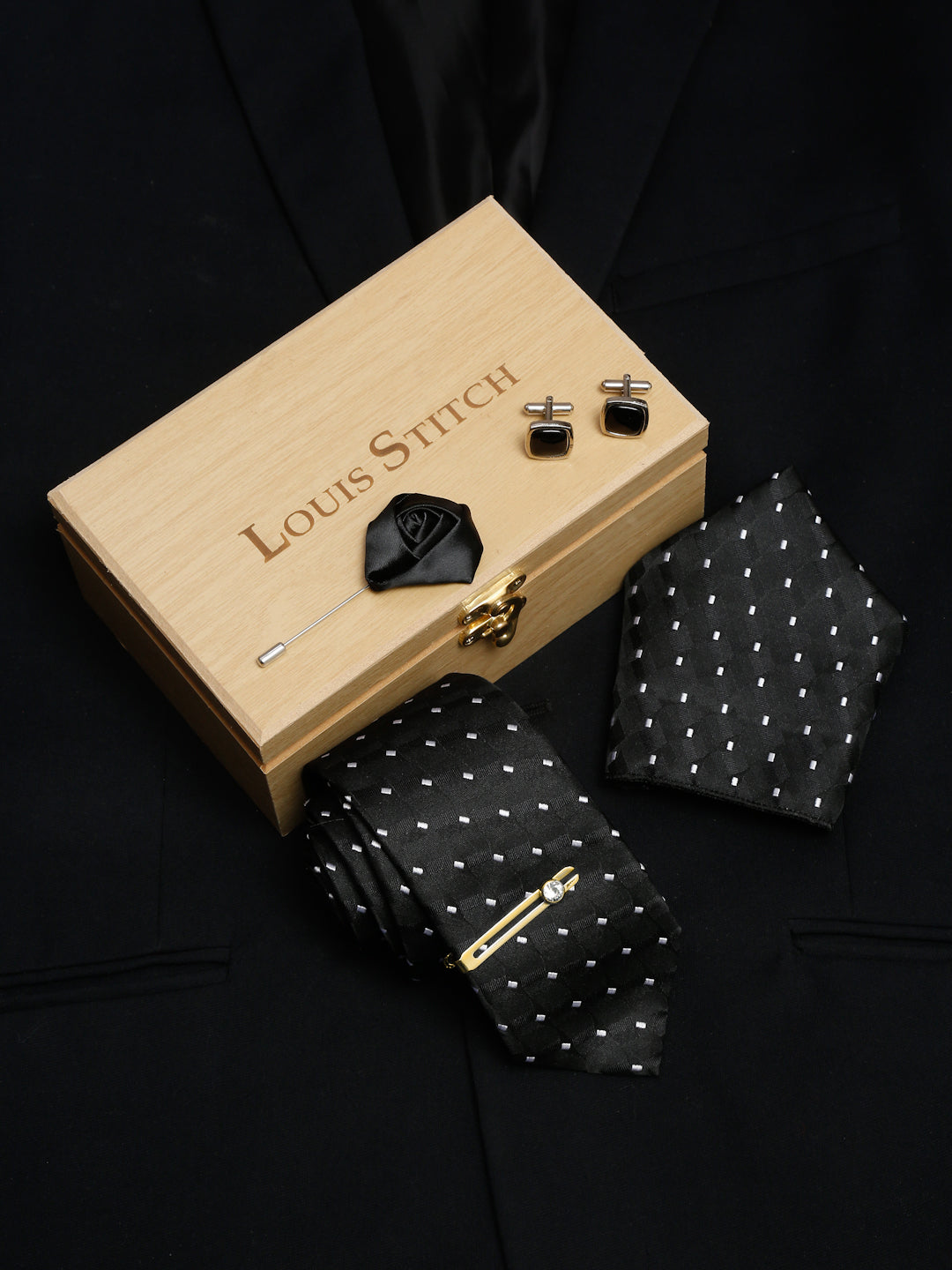 Raven Black Luxury Italian Silk Necktie Set With Pocket Square Cufflinks Brooch Gold Tie pin