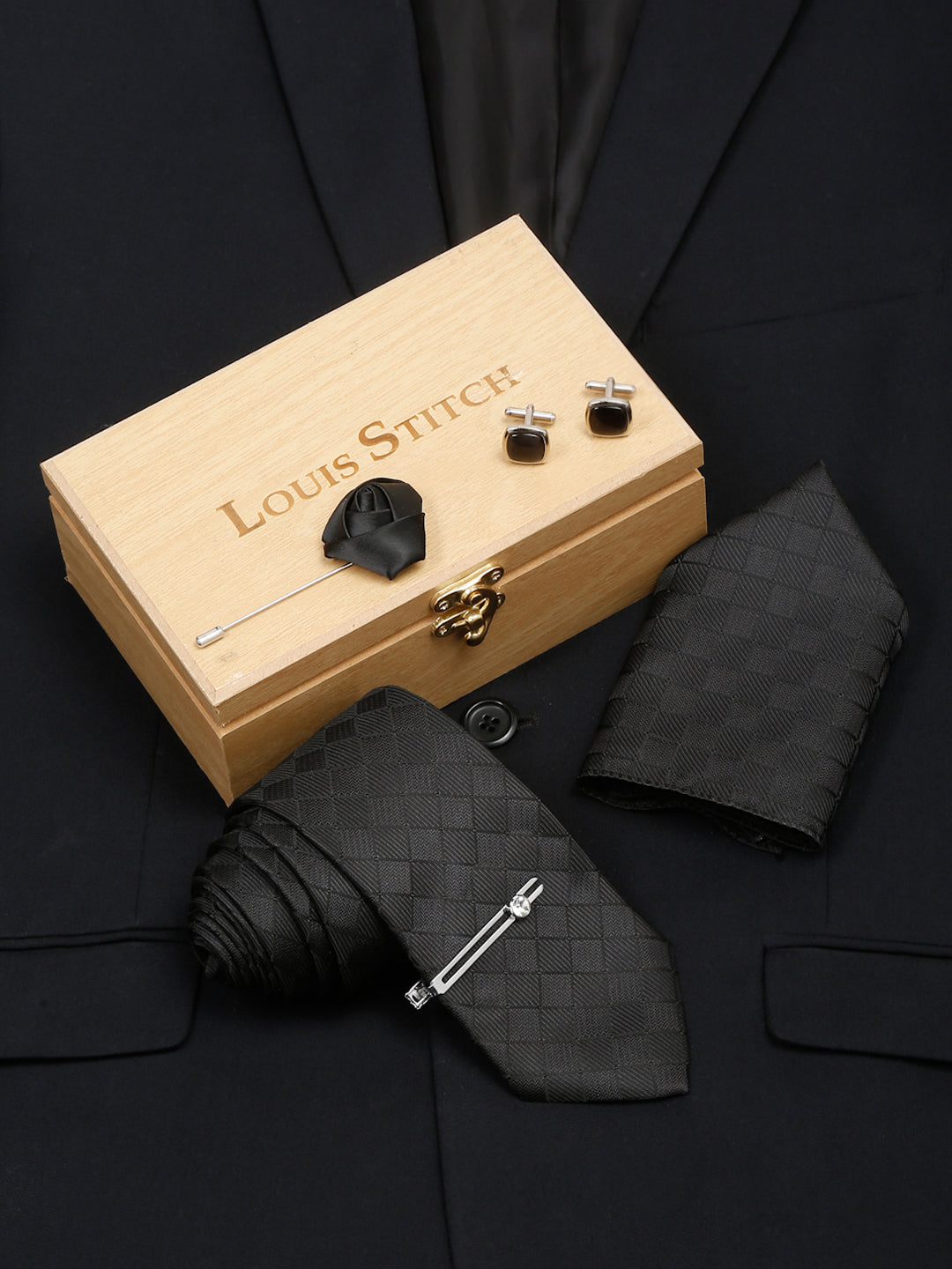 Sable Black Italian Silk Necktie Set Pocket Square Chrome Tiepin cufflinks and Brooch