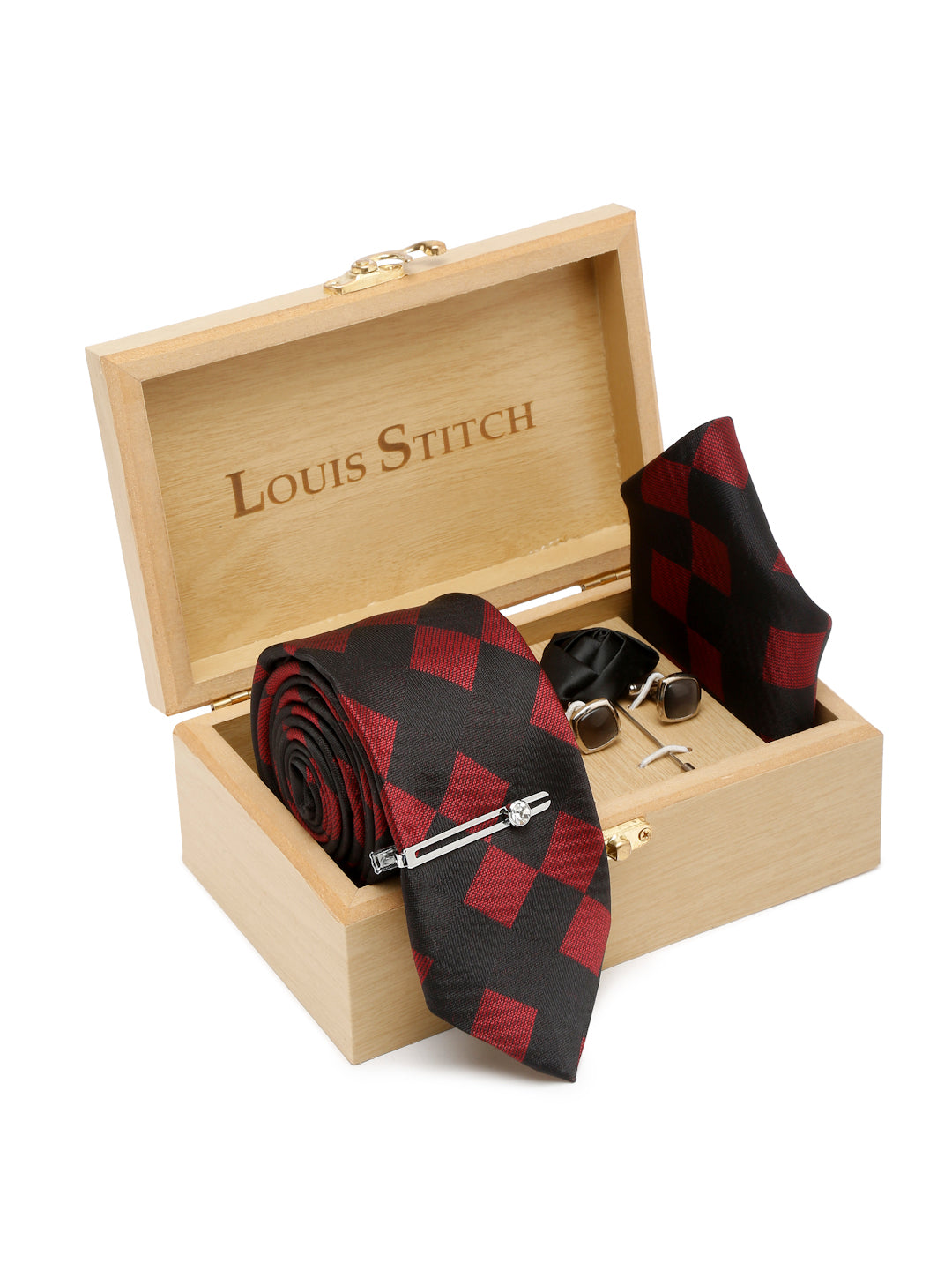 Black and Red Italian Silk Necktie Set Pocket Square Chrome Tiepin cufflinks and Brooch