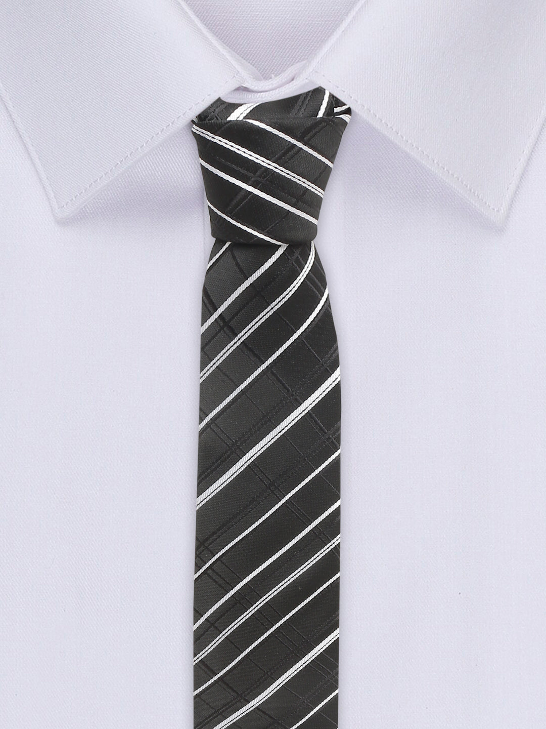 Checkered Black and White Italian Silk Necktie Set Pocket Square Chrome Tiepin cufflinks and Brooch