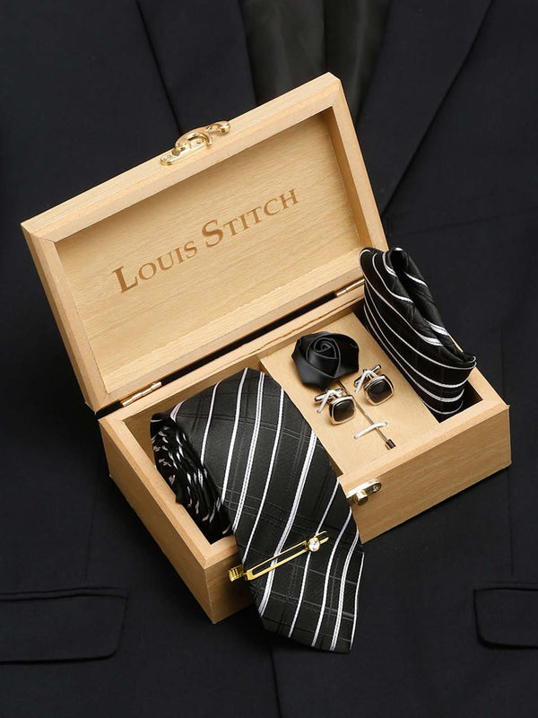 Checkered Black and White Italian Silk Necktie Set Pocket Square Golden Tiepin cufflinks and Brooch