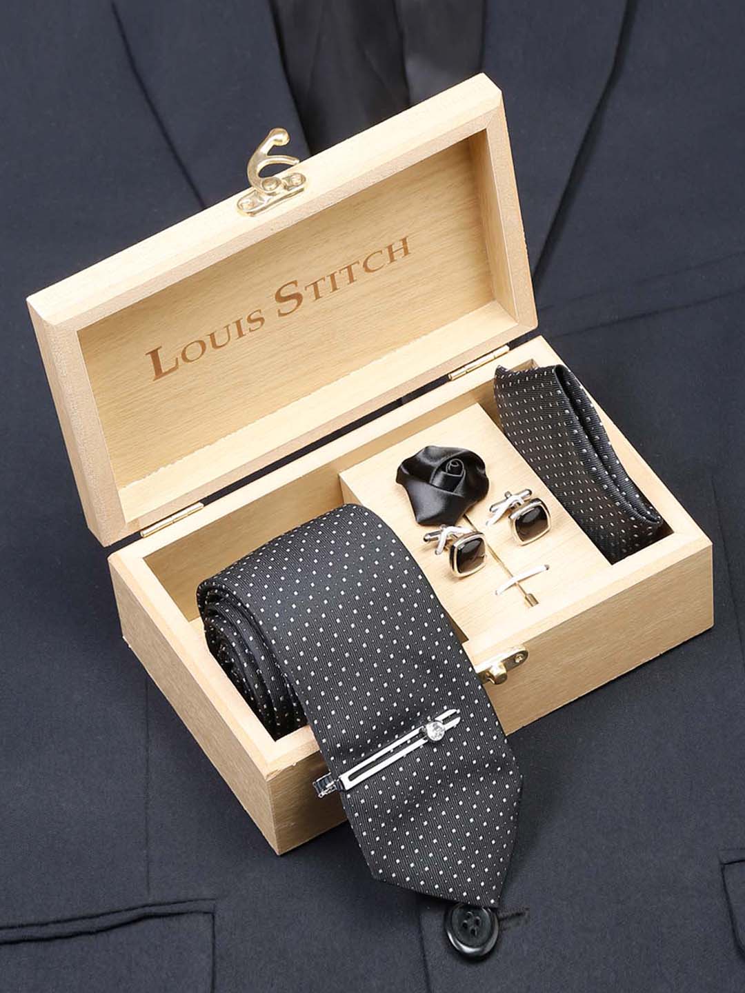 Polka Black Luxury Italian Silk Necktie Set With Pocket Square Cufflinks Brooch Chrome Tie pin