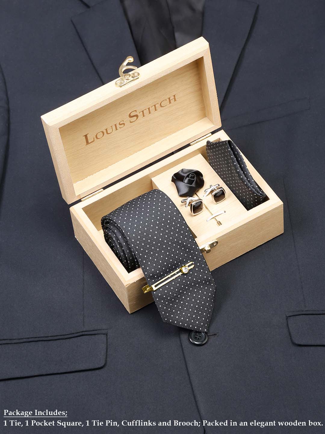 Polka Black Luxury Italian Silk Necktie Set With Pocket Square Cufflinks Brooch Gold Tie pin