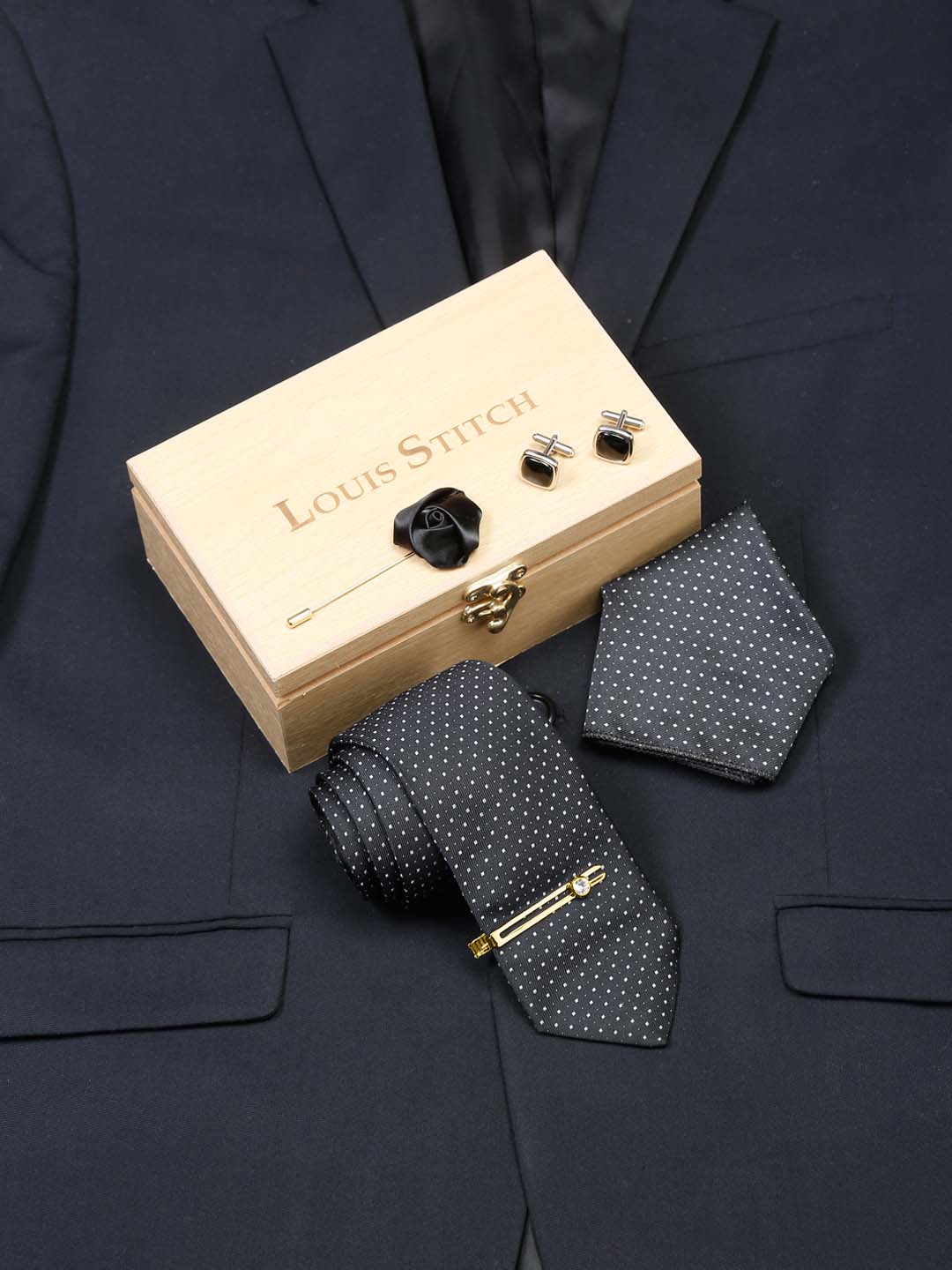 Polka Black Luxury Italian Silk Necktie Set With Pocket Square Cufflinks Brooch Gold Tie pin
