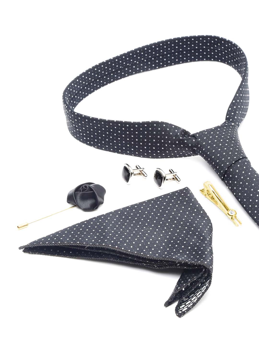 Polka Black Luxury Italian Silk Necktie Set With Pocket Square Cufflinks Brooch Gold Tie pin