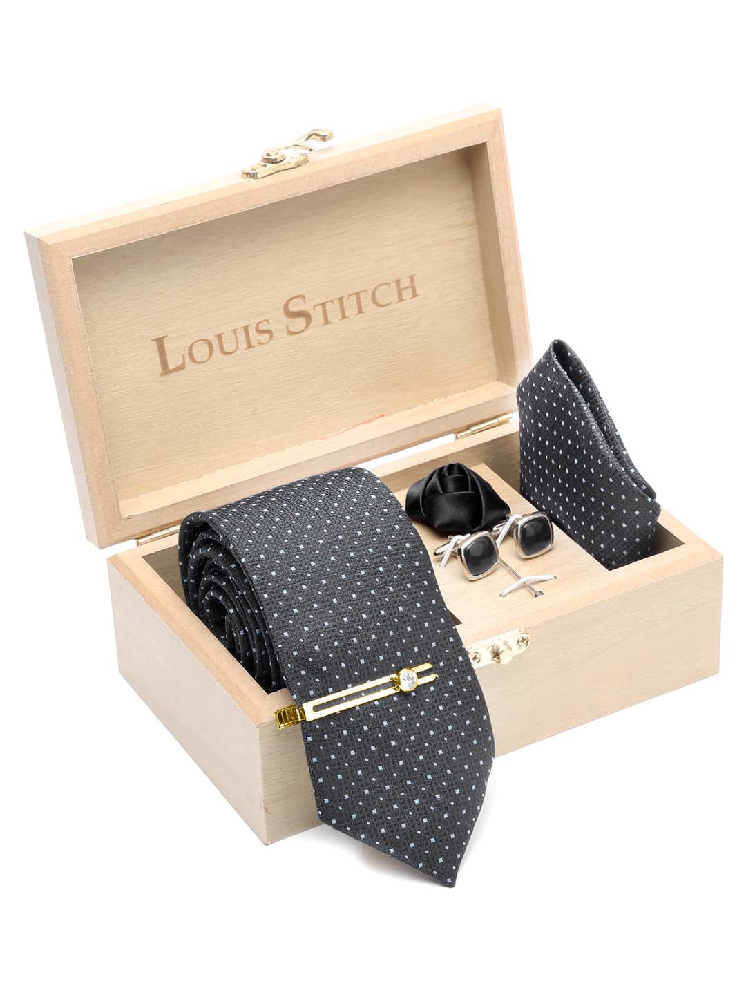 Polka Black Luxury Italian Silk Necktie Set With Pocket Square Cufflinks Brooch Gold Tie pin