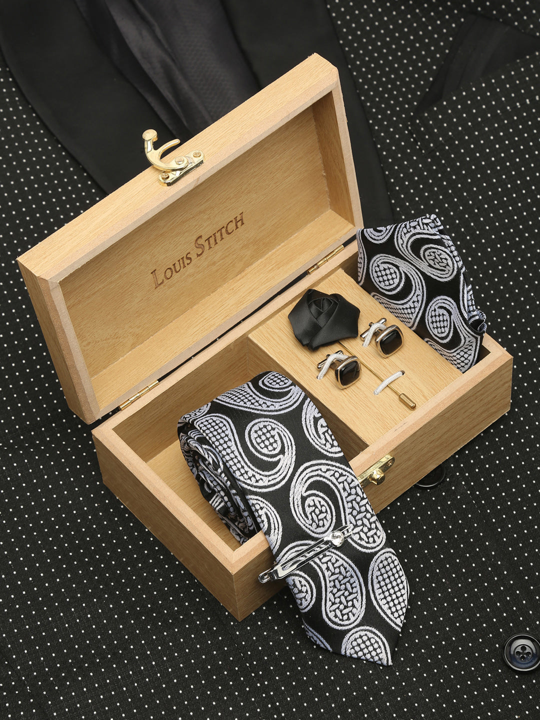 Midnight Black Luxury Italian Silk Necktie Set With Pocket Square Cufflinks Brooch Chrome Tie pin