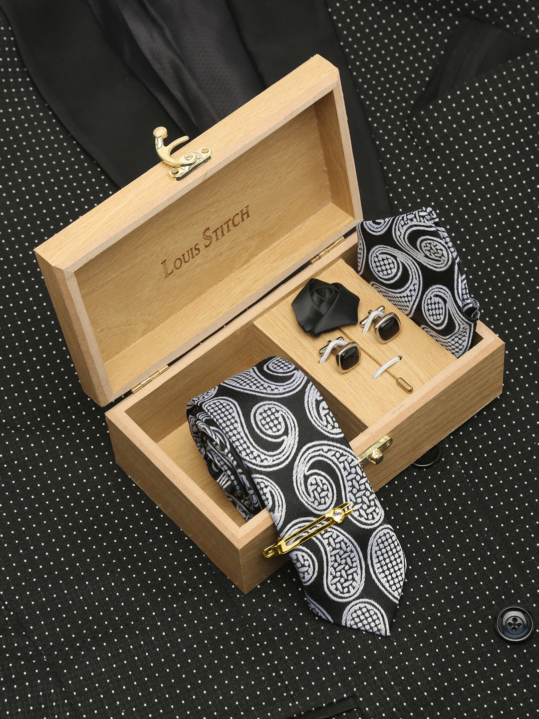 Midnight Black Luxury Italian Silk Necktie Set With Pocket Square Cufflinks Brooch Gold Tie pin