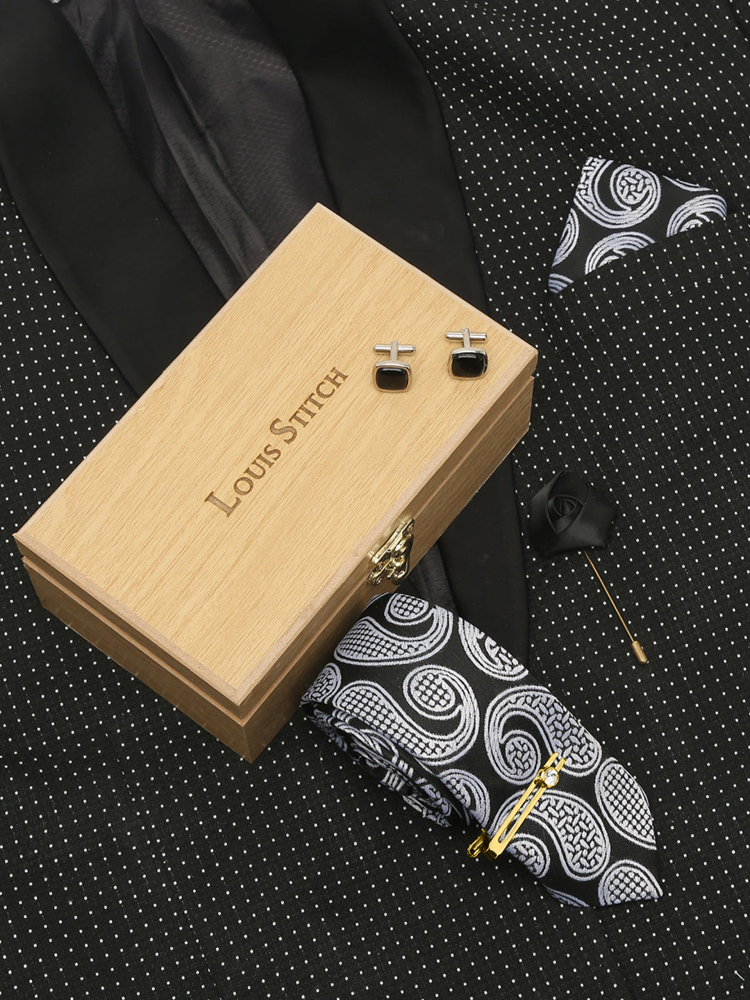 Midnight Black Luxury Italian Silk Necktie Set With Pocket Square Cufflinks Brooch Gold Tie pin