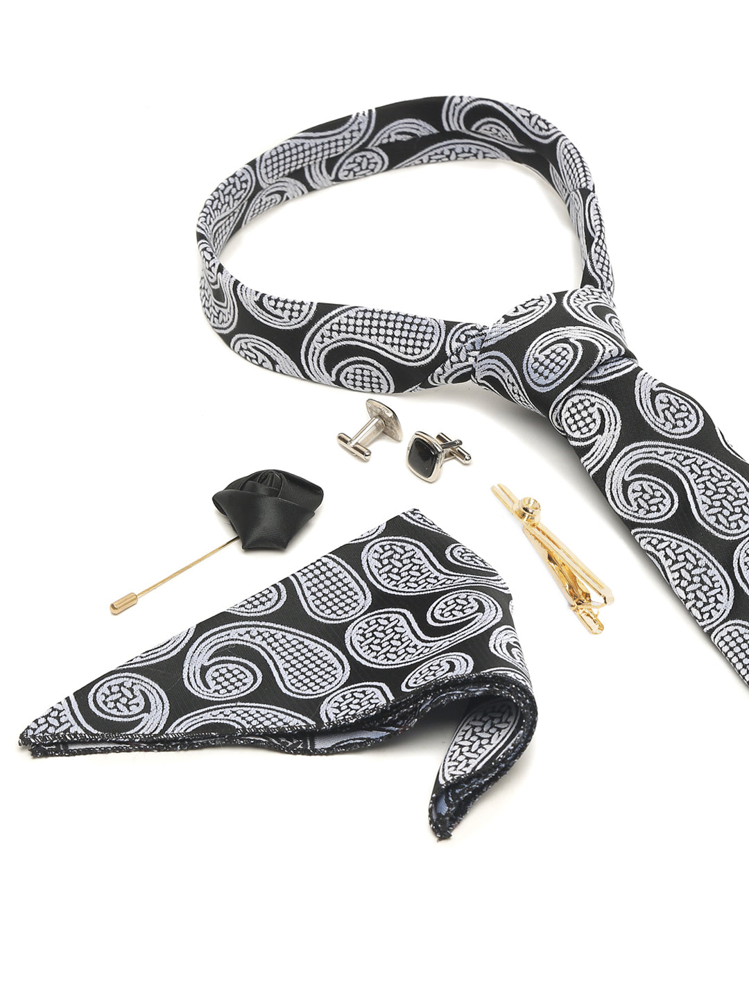 Midnight Black Luxury Italian Silk Necktie Set With Pocket Square Cufflinks Brooch Gold Tie pin