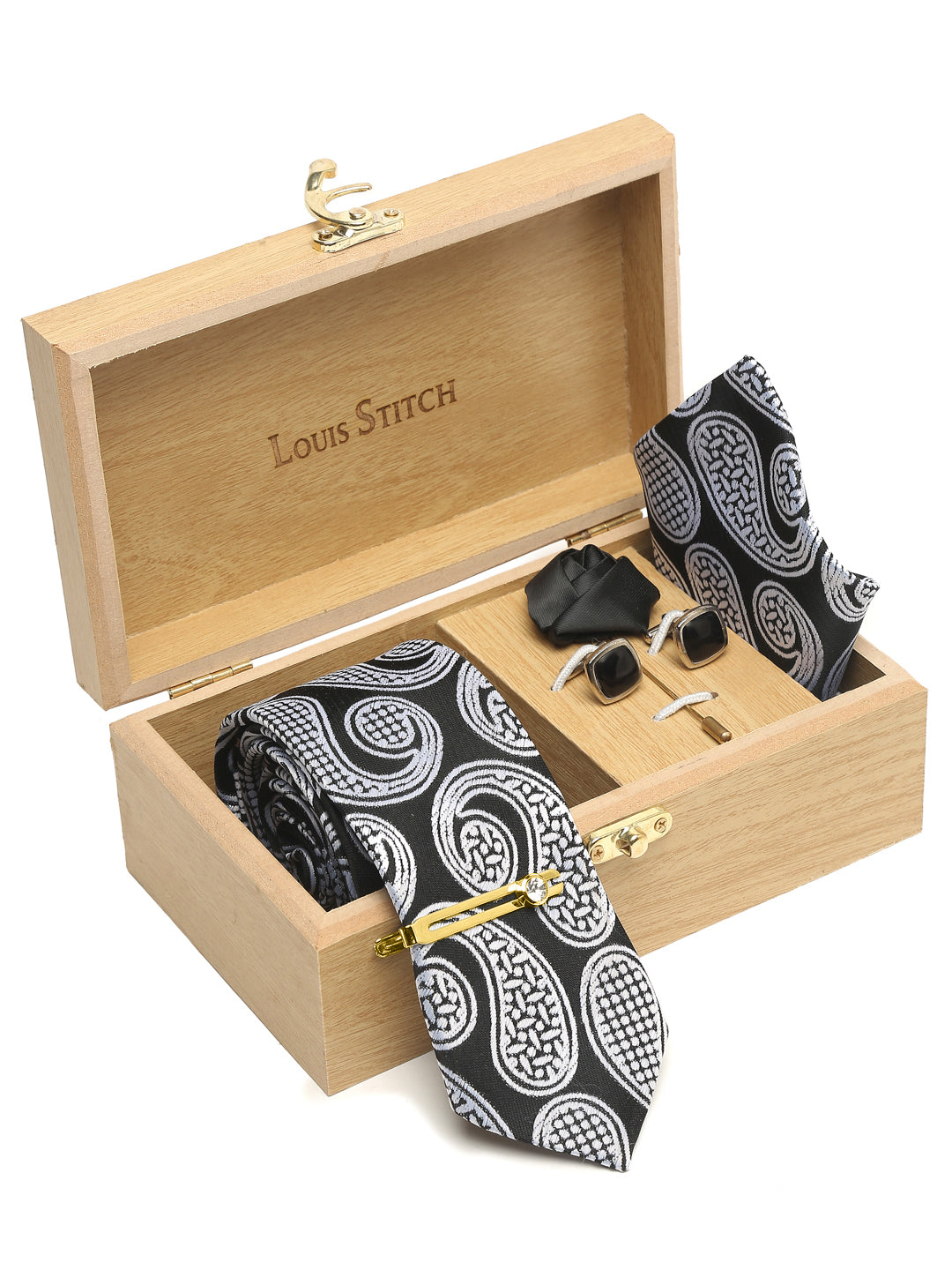 Midnight Black Luxury Italian Silk Necktie Set With Pocket Square Cufflinks Brooch Gold Tie pin