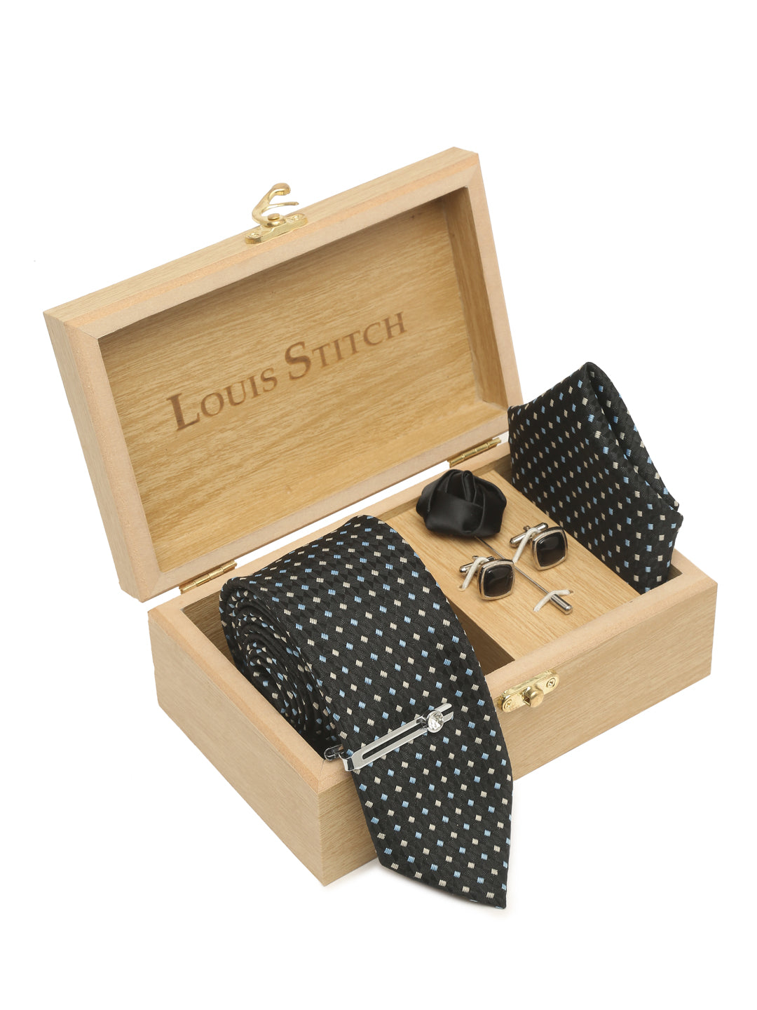 Polkia Dotted Black Luxury Italian Silk Necktie Set With Pocket Square Cufflinks Brooch Chrome Tie pin