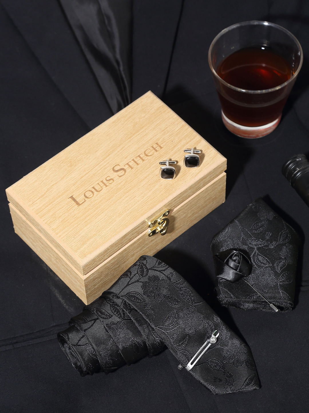 Floral Black Luxury Italian Silk Necktie Set With Pocket Square Cufflinks Brooch Chrome Tie pin