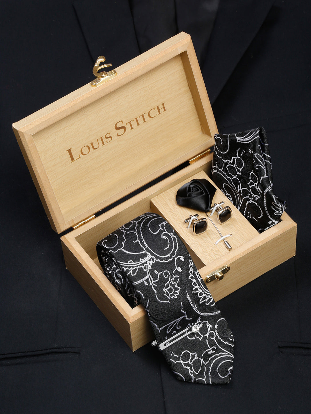 Onyx Black Luxury Italian Silk Necktie Set With Pocket Square Cufflinks Brooch Chrome Tie pin