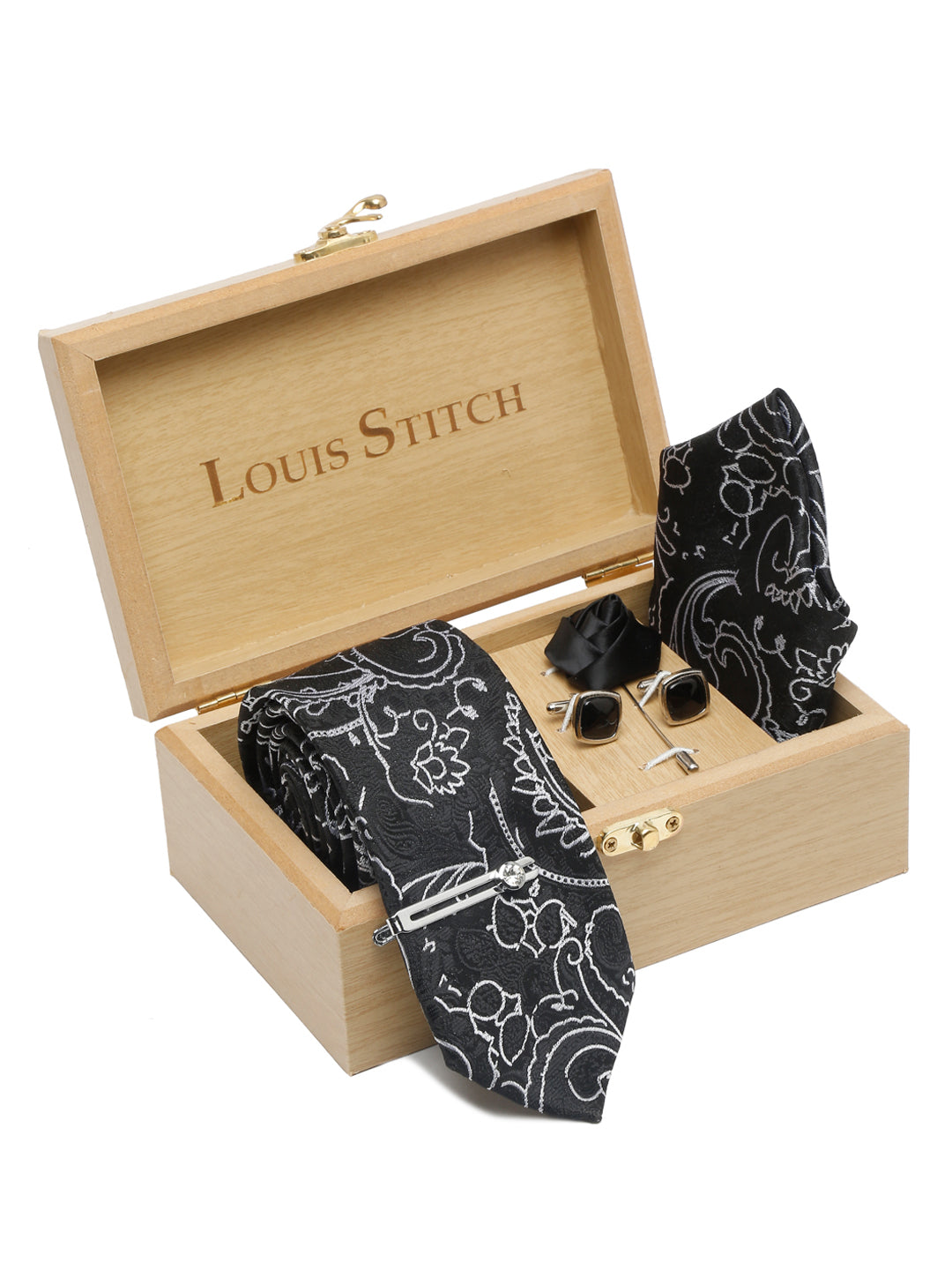 Onyx Black Luxury Italian Silk Necktie Set With Pocket Square Cufflinks Brooch Chrome Tie pin