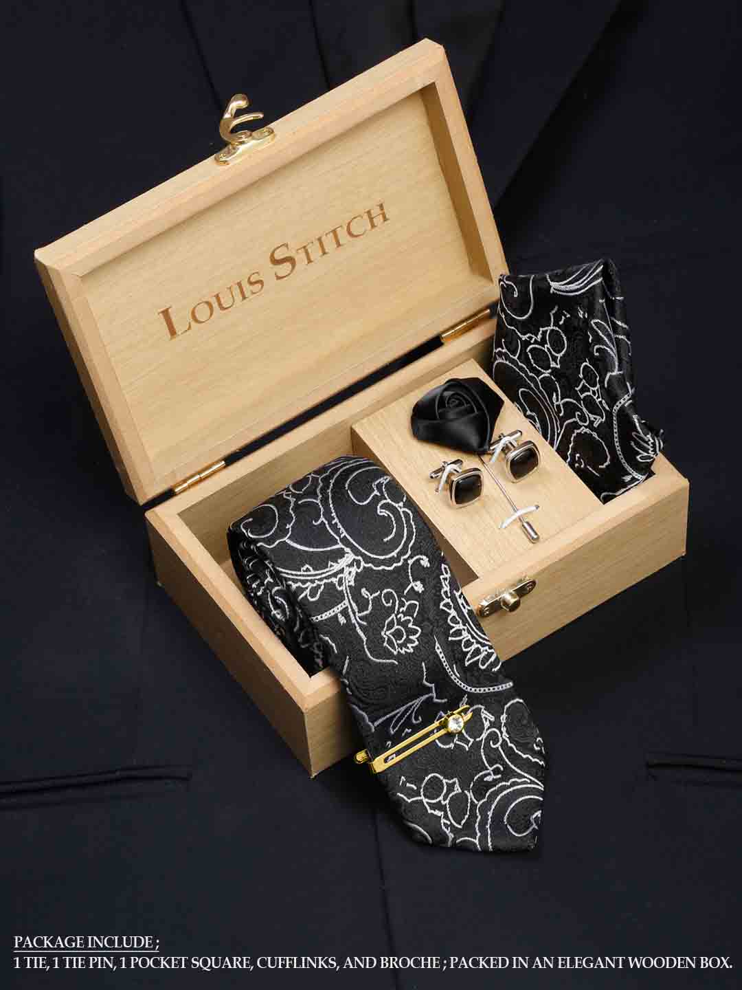 Onyx Black Luxury Italian Silk Necktie Set With Pocket Square Cufflinks Brooch Gold Tie pin