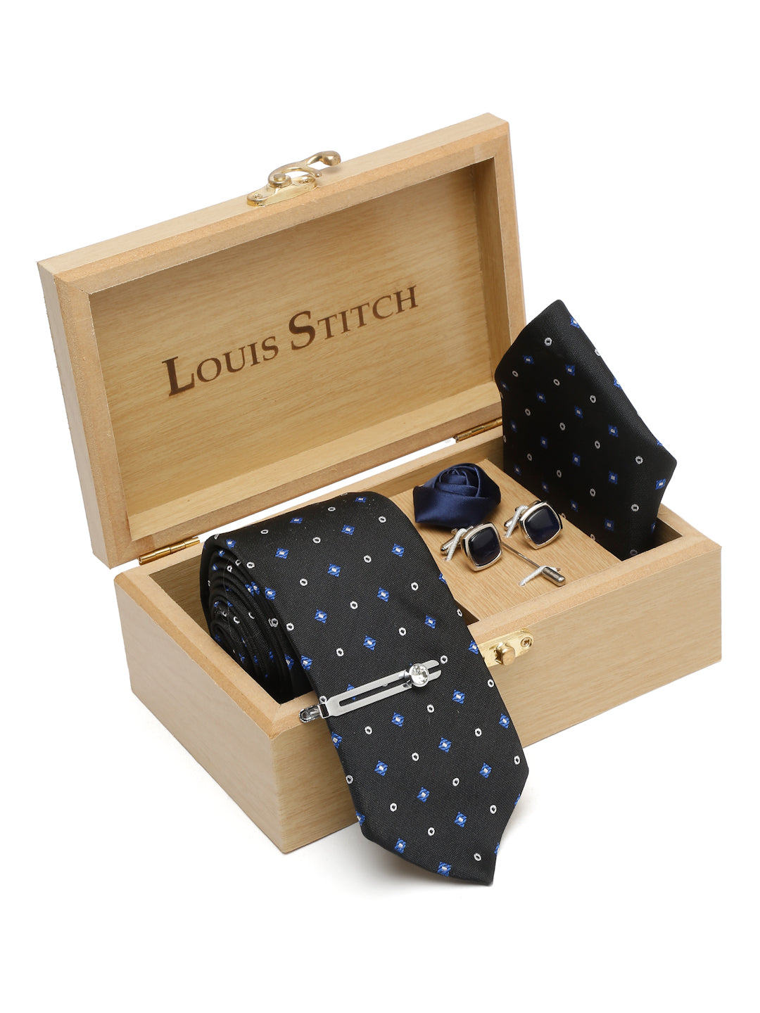 Metal Black Luxury Italian Silk Necktie Set With Pocket Square Cufflinks Brooch Chrome Tie pin
