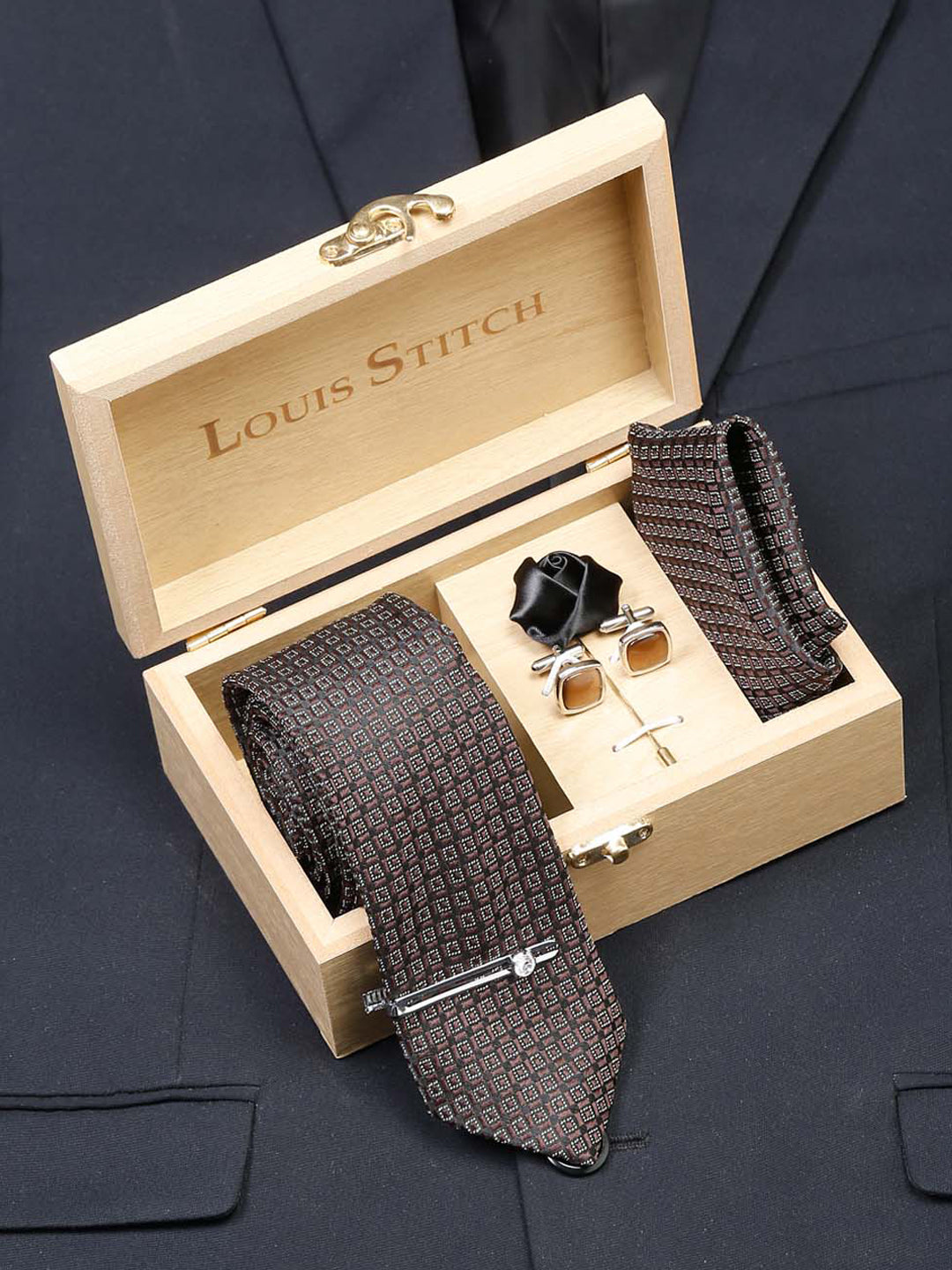 Chocolate Brown Luxury Italian Silk Necktie Set With Pocket Square Cufflinks Brooch Chrome Tie pin