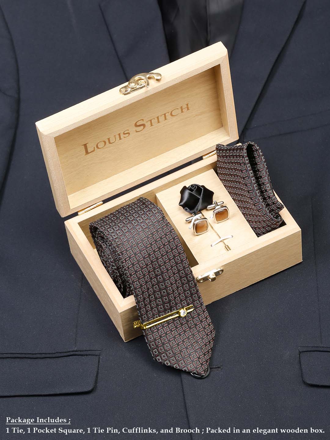 Chocolate Brown Luxury Italian Silk Necktie Set With Pocket Square Cufflinks Brooch Gold Tie pin