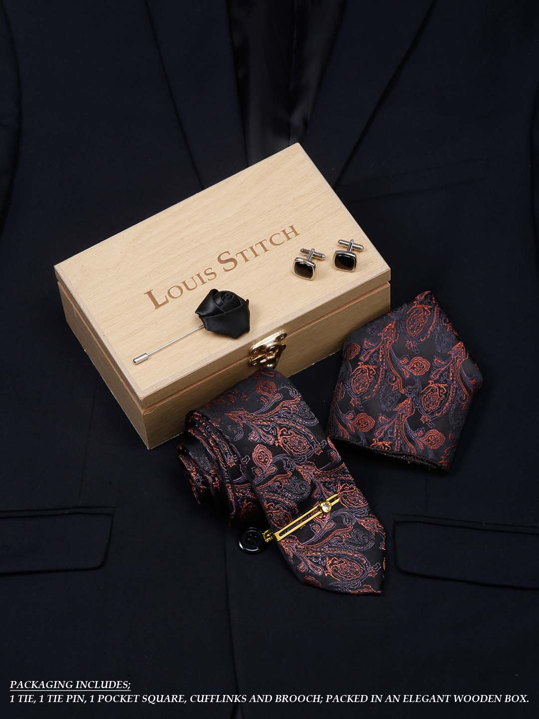 Flowral Brown Luxury Italian Silk Necktie Set With Pocket Square Cufflinks Brooch Gold Tie pin
