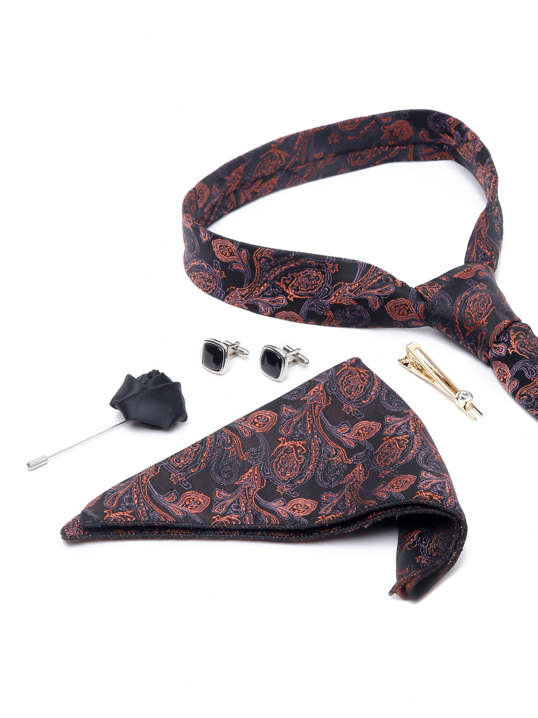 Flowral Brown Luxury Italian Silk Necktie Set With Pocket Square Cufflinks Brooch Gold Tie pin