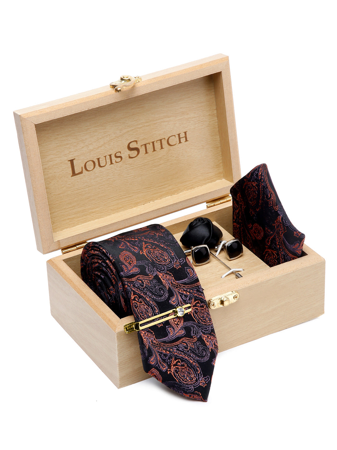 Flowral Brown Luxury Italian Silk Necktie Set With Pocket Square Cufflinks Brooch Gold Tie pin
