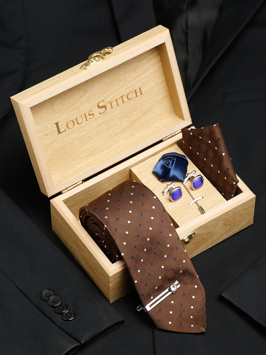 Brown polka Luxury Italian Silk Necktie Set With Pocket Square Cufflinks Brooch Chrome Tie pin