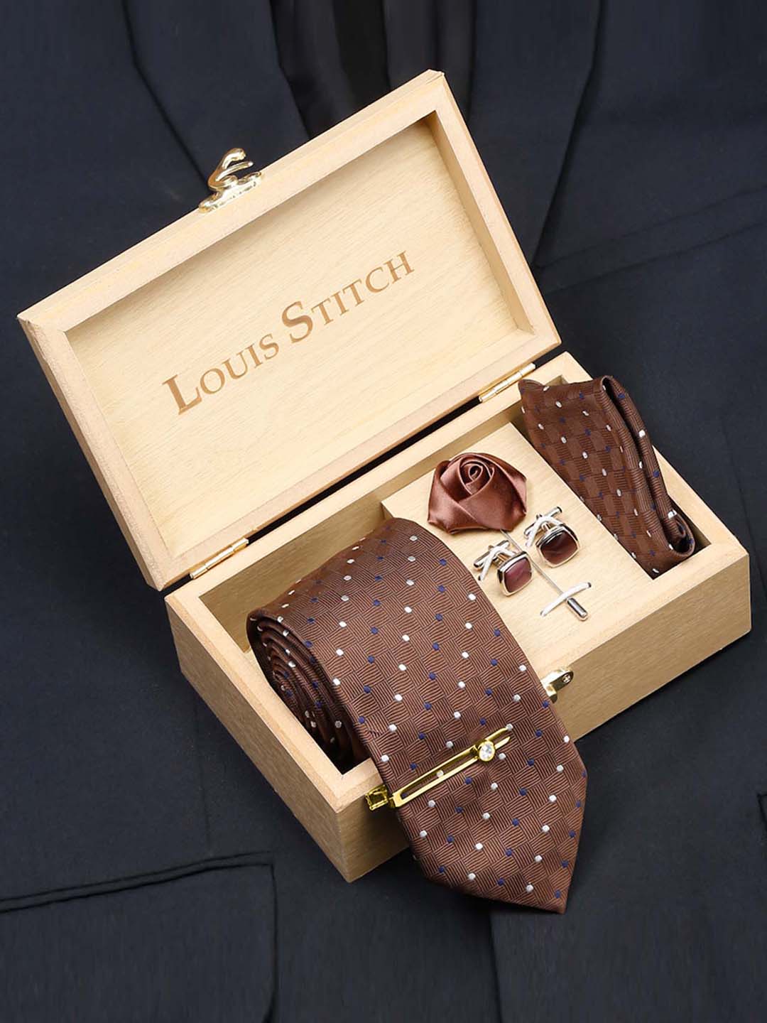Brown polka Luxury Italian Silk Necktie Set With Pocket Square Cufflinks Brooch Gold Tie pin