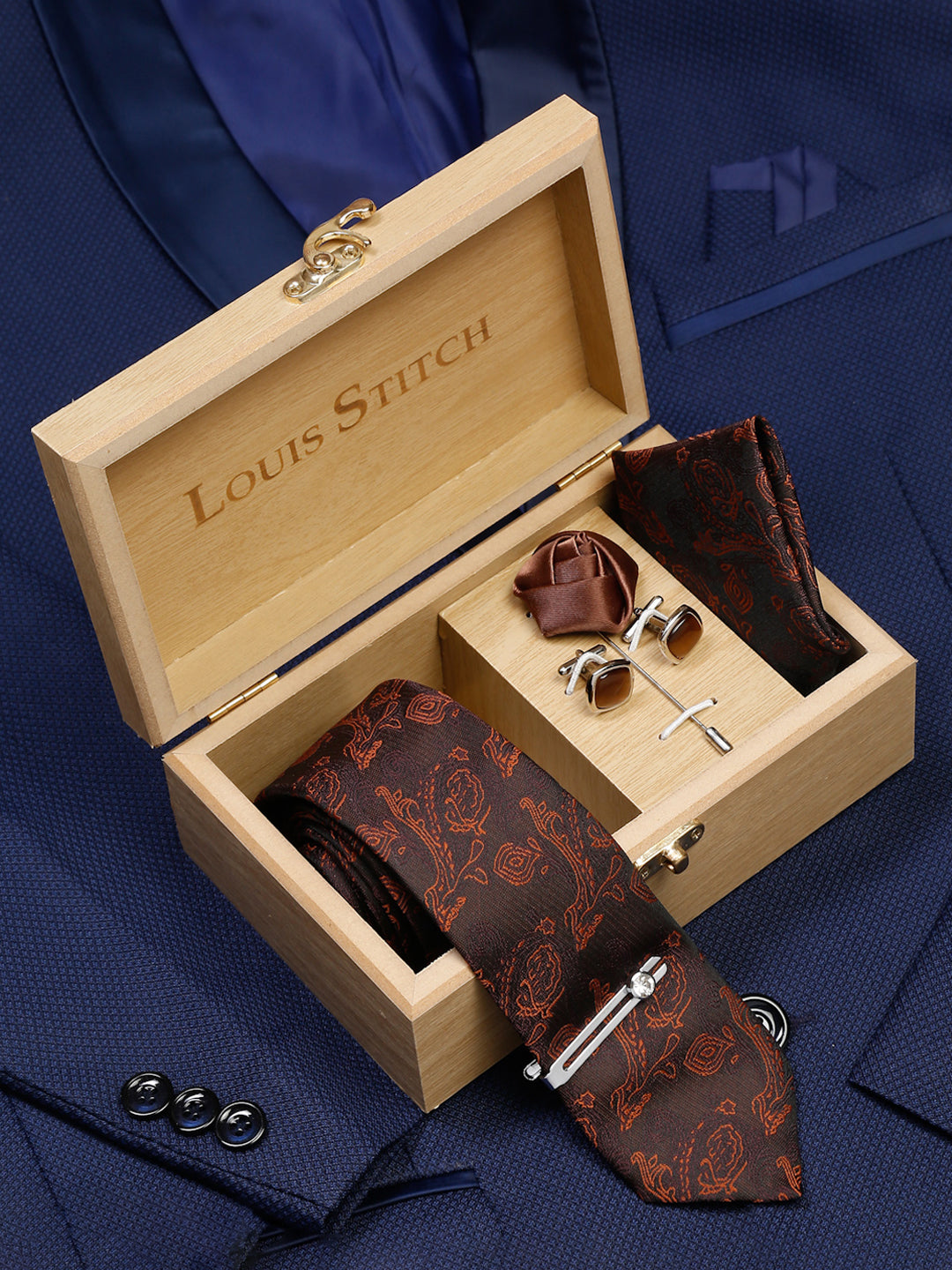 Coffee Brown Luxury Italian Silk Necktie Set With Pocket Square Cufflinks Brooch Chrome Tie pin