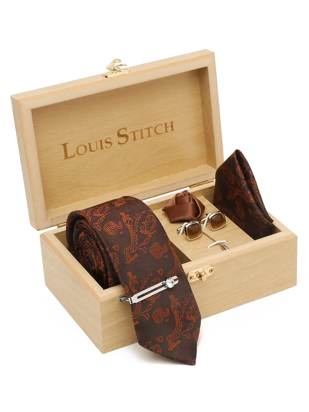 Coffee Brown Luxury Italian Silk Necktie Set With Pocket Square Cufflinks Brooch Chrome Tie pin