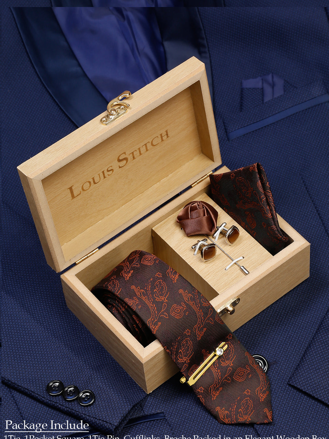 Coffee Brown Luxury Italian Silk Necktie Set With Pocket Square Cufflinks Brooch Gold Tie pin