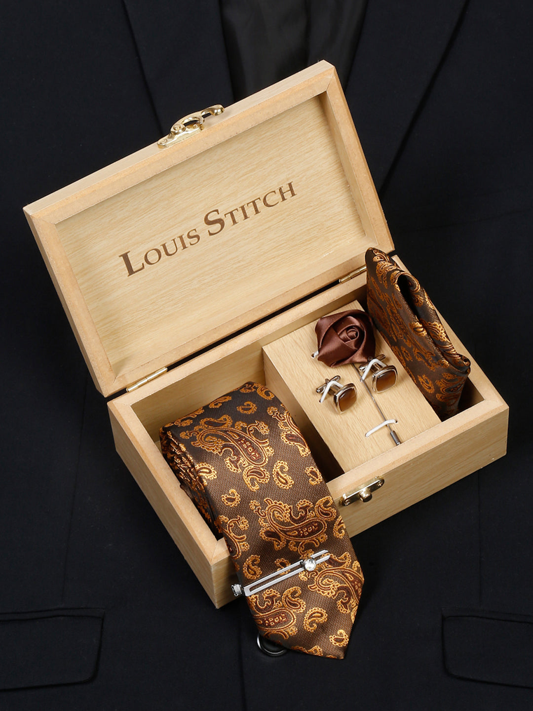Hickory Brown Luxury Italian Silk Necktie Set With Pocket Square Cufflinks Brooch Chrome Tie pin
